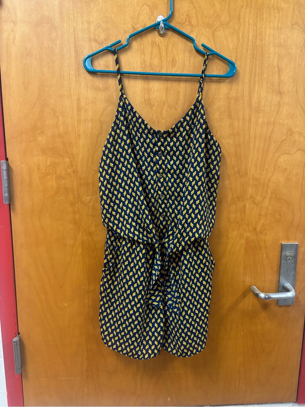 Women's Navy and Yellow Printed Romper with Tie Waist